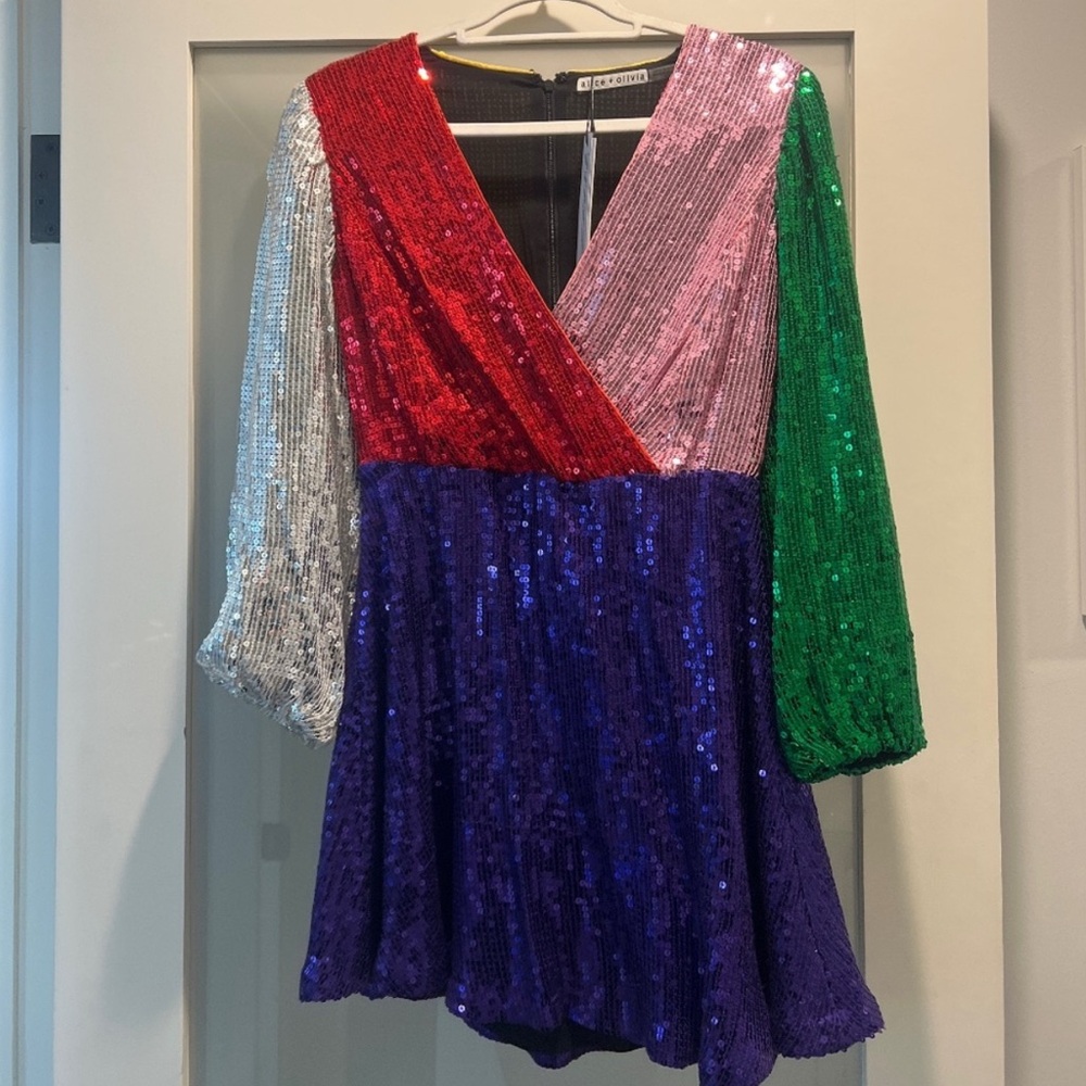 NWT Alice + Olivia Multicolor Sequin Midi Dress — Long Sleeve
